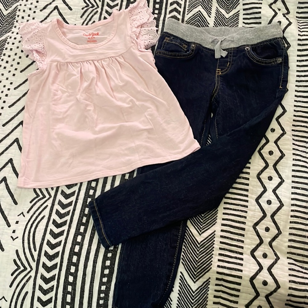 Size 4 outfit. New denim jeans and like new ruffle shirt.